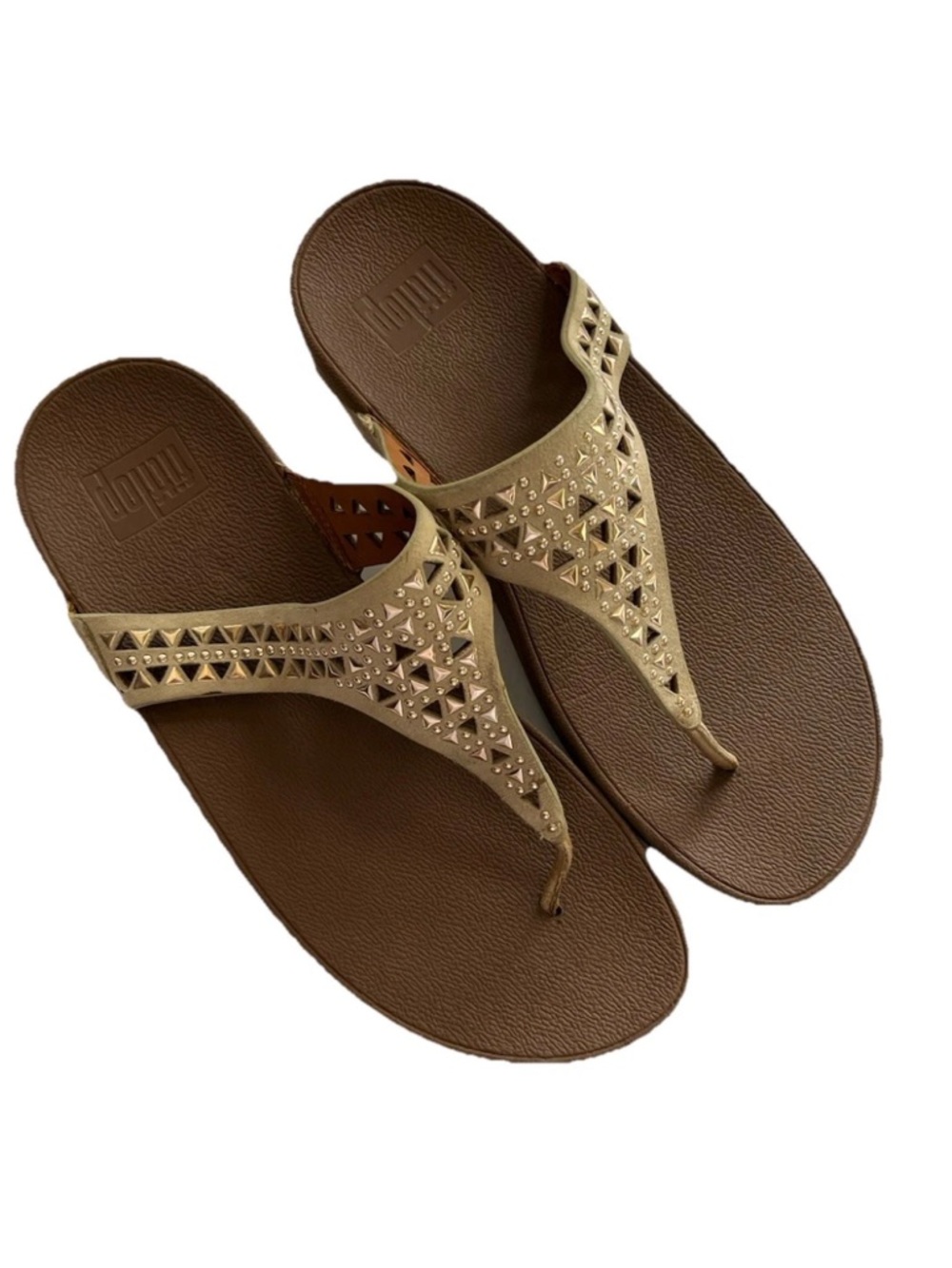 FitFlop Carmel Toe-Post Suede Dress Sandal Gold Studs Women's Size 8